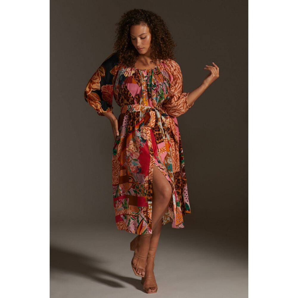 Anthropologie Geisha Designs Patchwork BOHO Collage Romantic Midi Dress, Med